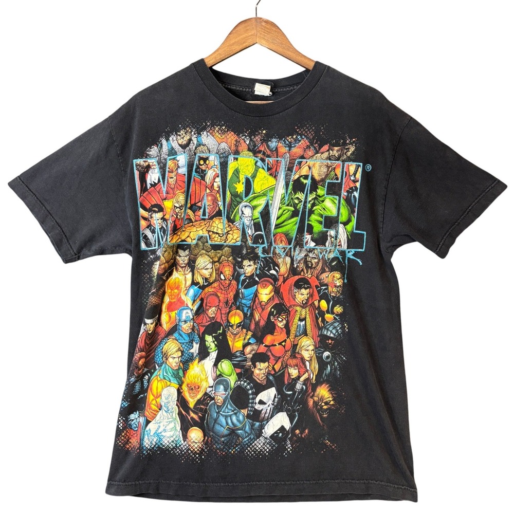 Vintage Marvel Comics Civil War Graphic T Shirt Mens Large Black Mad Engine Y2K